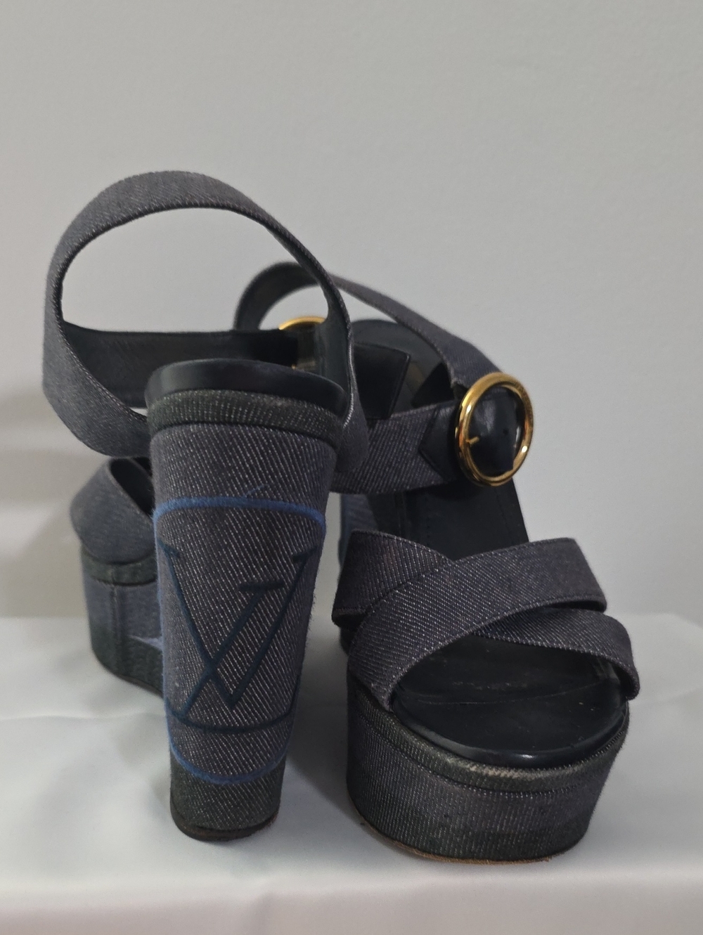 Louis Vuitton Navy Denim Platform Sandals with Gold Buckle
